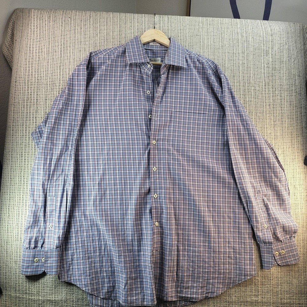 Peter Millar Shirt Mens Extra Large Blue Burgundy Plaid Cotton Button Down